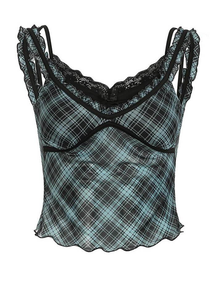 Mock Two Piece Ruffled-Trim Plaid Mesh See-Through Tank Top