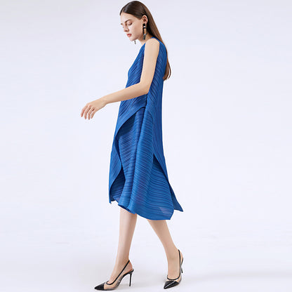Customized 2023 summer new women's pleated irregular sleeveless pendulum loose medium and long small fragrant dress women