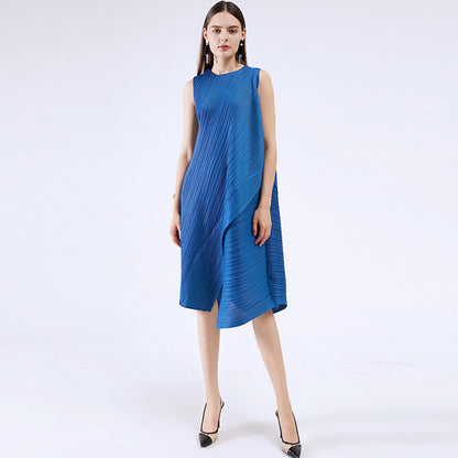 Customized 2023 summer new women's pleated irregular sleeveless pendulum loose medium and long small fragrant dress women
