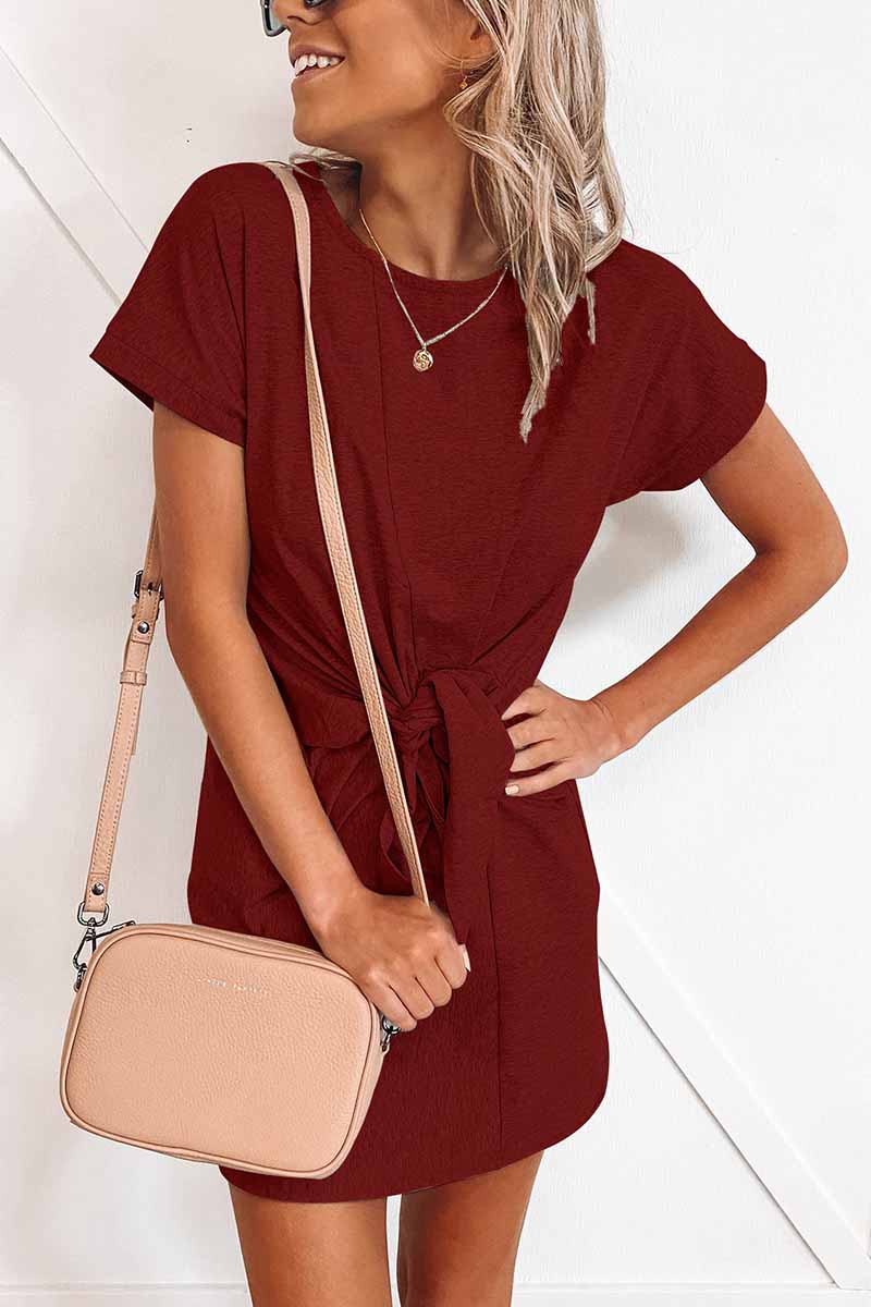 qgtao Loose Tie Solid Color Short Sleeves Mini Dress(6 colors)