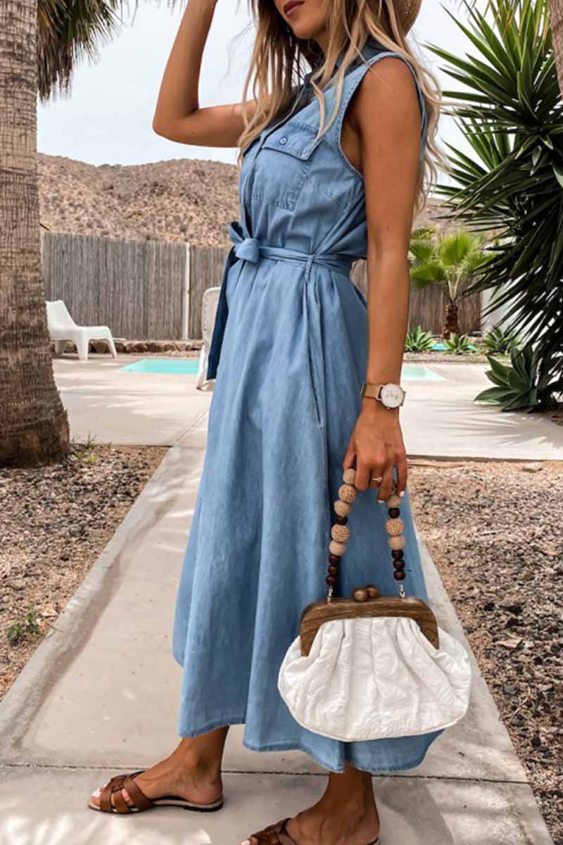 qgtao Sleeveless Lace-Up Single-Breasted Denim Midi Dress