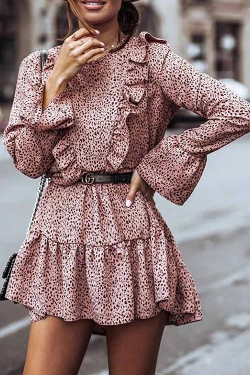 qgtao Ruffle Print Long Sleeves Mini Dress