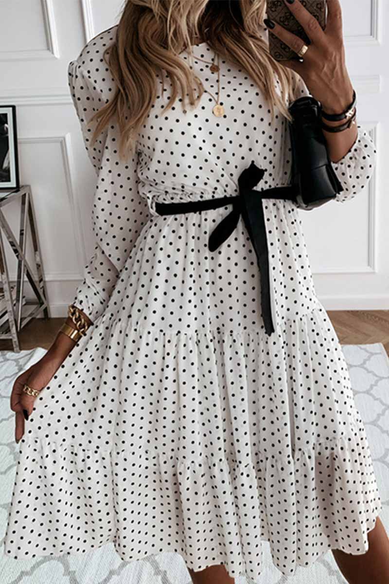 qgtao Elegant White Black Dot Print Round Neck Tie Midi Dress