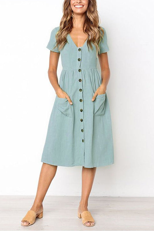 qgtao V-neck Pocket Midi Dress(4 Colors)