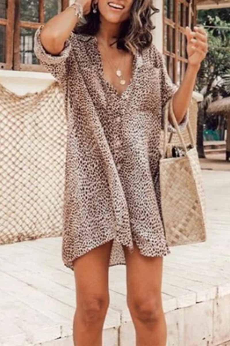 qgtao Leopard Print Long Sleeve Shirt Mini Dress