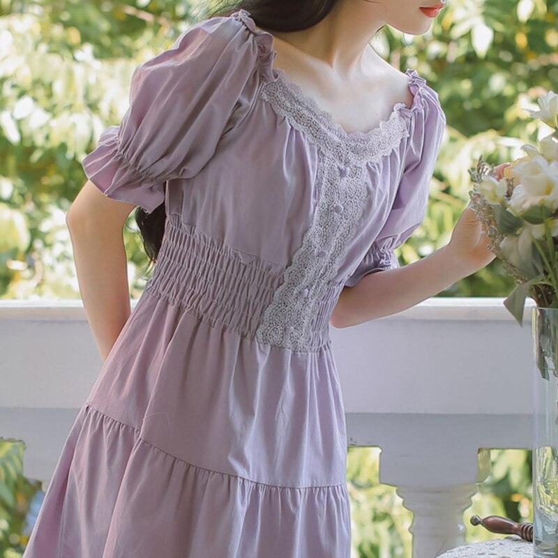 qgtao Summer Purple Elegant Lace Long Maxi Dress Vintage Square Collar French Princess Dresses Casual Holiday Party Dress