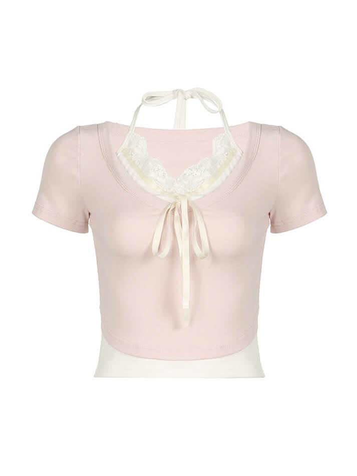 Contrast Lace Patchwork Tie Crop Top