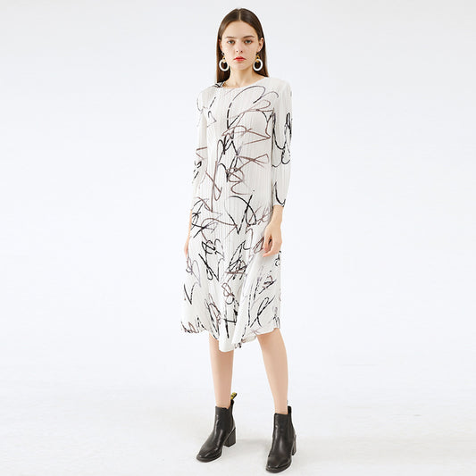 Miyake niche abstract dress 2025 new spring waist and thin temperament printed dress a-word skirt