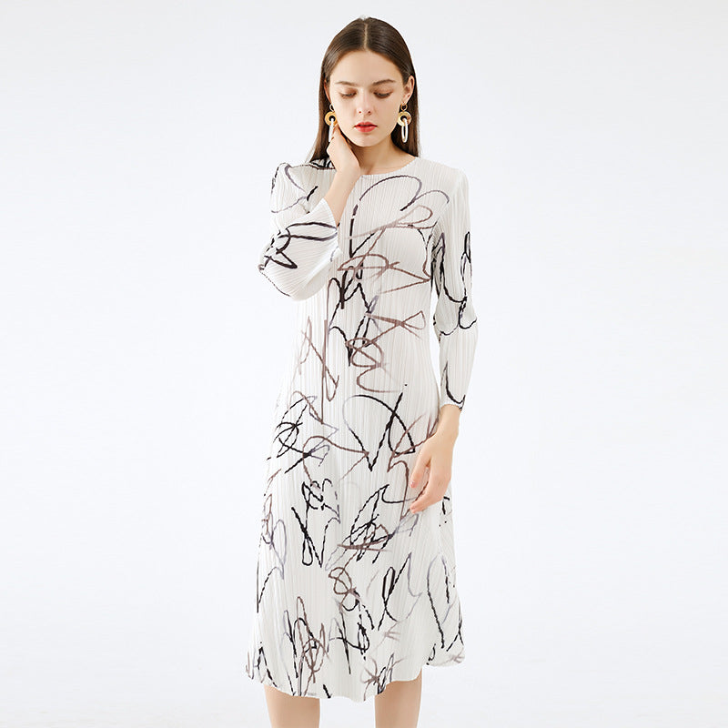 Miyake niche abstract dress 2025 new spring waist and thin temperament printed dress a-word skirt