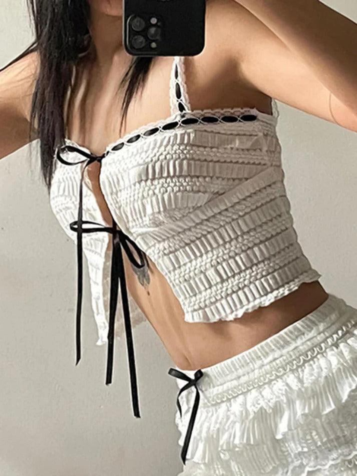 Cutout Contrast Ribbon Tie Up Cami Top