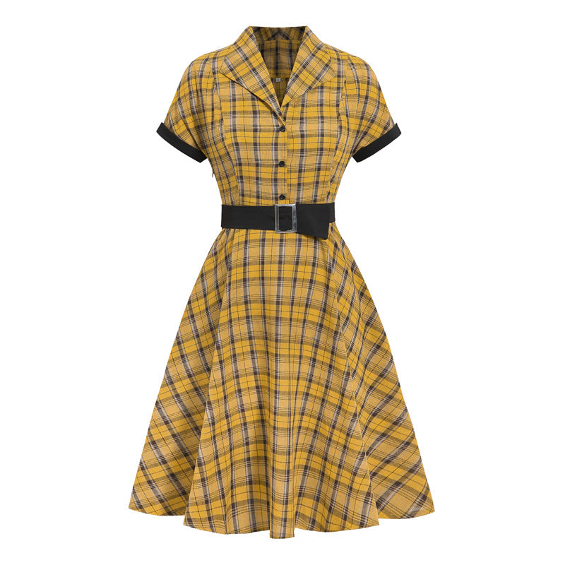 qgtao harajuku dress to impress Retro Hepburn Style Original Women's Clothing British Plaid Lapel Swing Dress Hot Sale