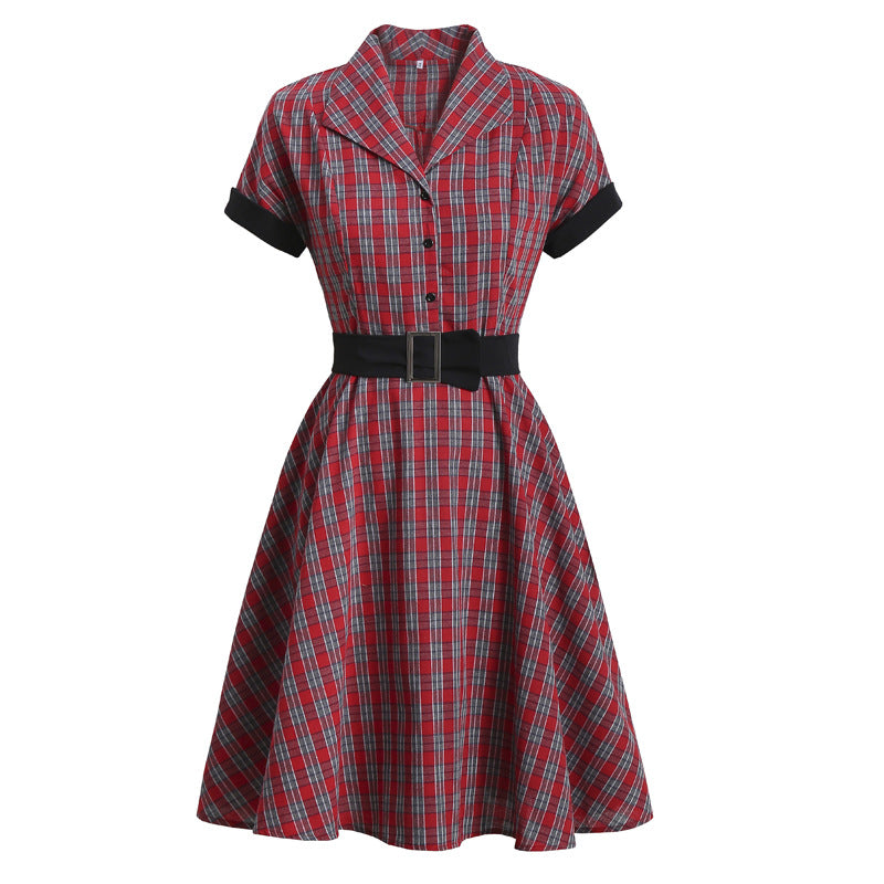 qgtao harajuku dress to impress Retro Hepburn Style Original Women's Clothing British Plaid Lapel Swing Dress Hot Sale