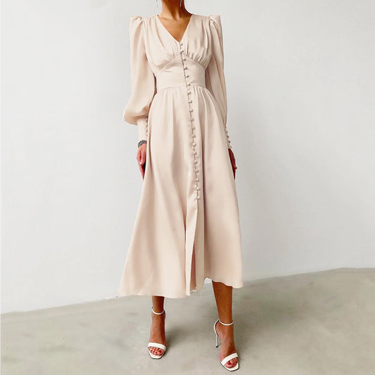 2025 spring new satin dress women's design lantern sleeves waist thin  temperament slim dress