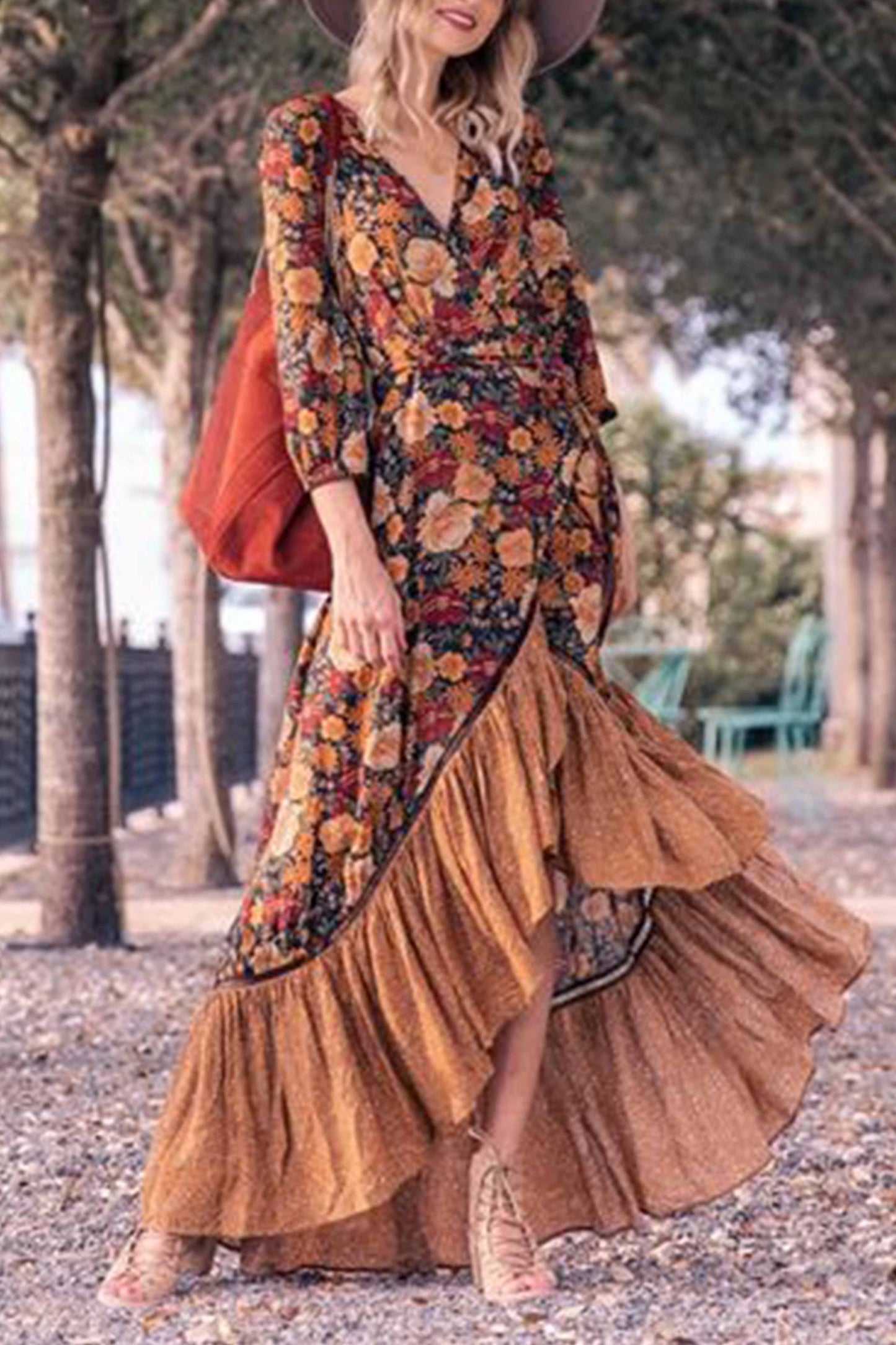 qgtao Long Sleeve Print Retro Long Maxi Dress