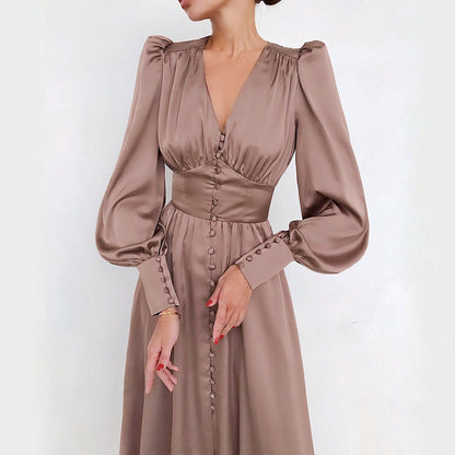 2025 spring new satin dress women's design lantern sleeves waist thin  temperament slim dress