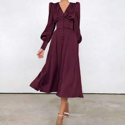 2025 spring new satin dress women's design lantern sleeves waist thin  temperament slim dress