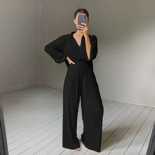 2025 popular autumn and winter new long-sleeved lapel pleated shirt women's wide-leg mopping floor drape pleated trousers set solid color