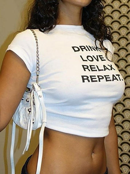 DRINK LOVE RELAX REPEAT Letter Print Ruched Cut Out T-shirt