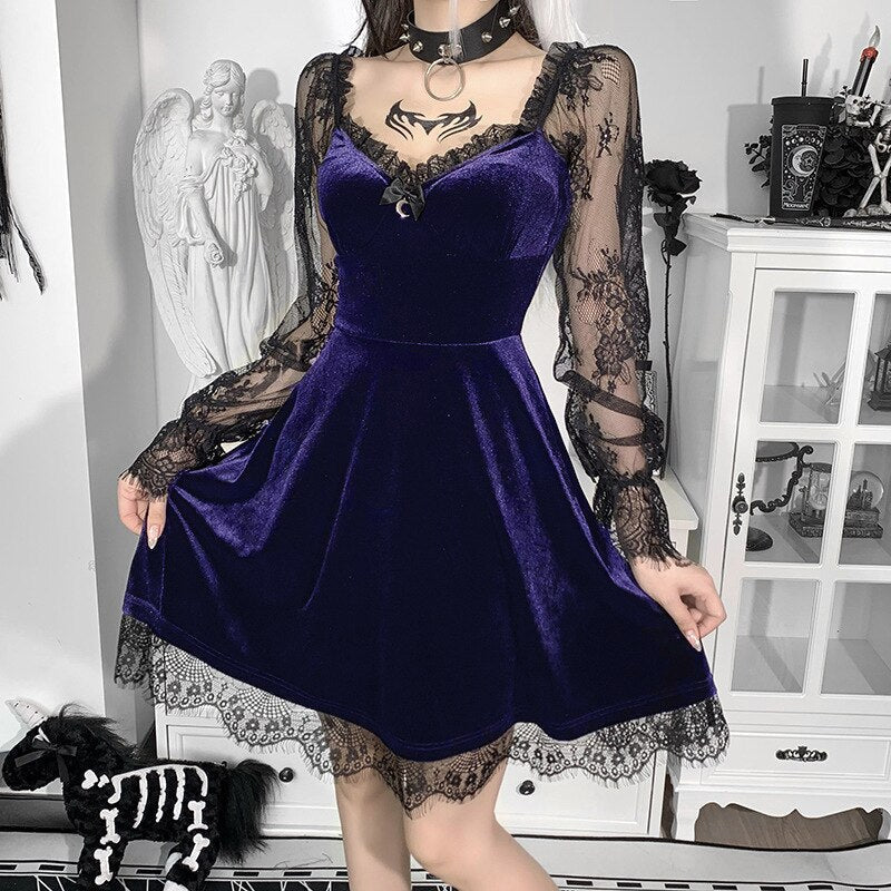 qgtao  Velour Gothic Aesthetic Vintage Dresses Women's Lace Patchwork Grunge Black Dress Long Sleeve A-line Autumn Partywear
