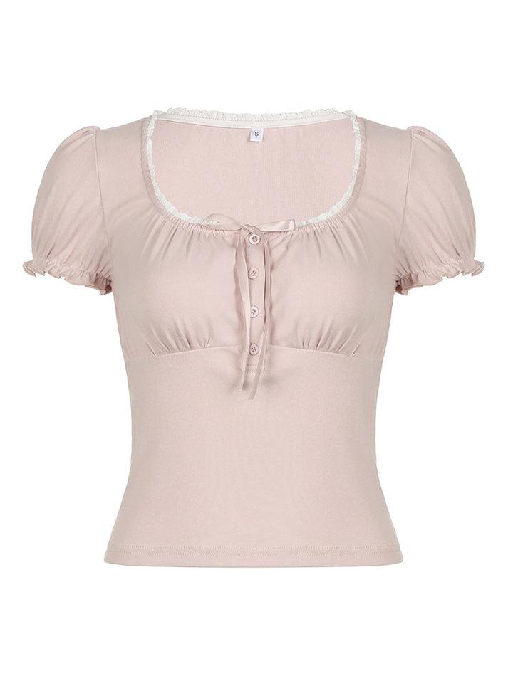 Ruffled-Trim Ribbon Bow Accent Slim-Fit Crop Top