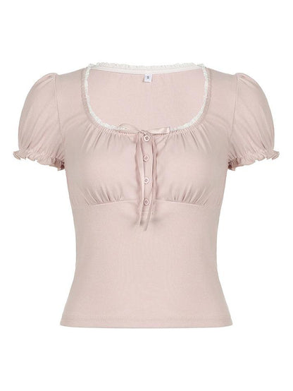 Ruffled-Trim Ribbon Bow Accent Slim-Fit Crop Top