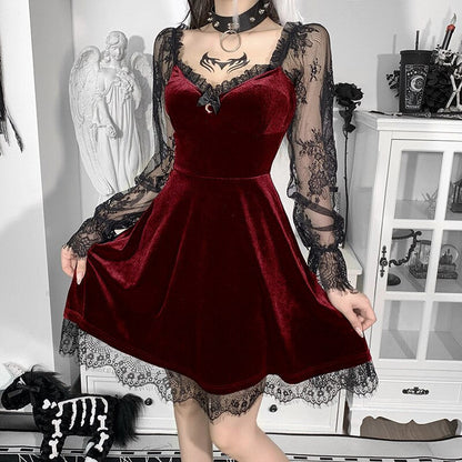 qgtao  Velour Gothic Aesthetic Vintage Dresses Women's Lace Patchwork Grunge Black Dress Long Sleeve A-line Autumn Partywear