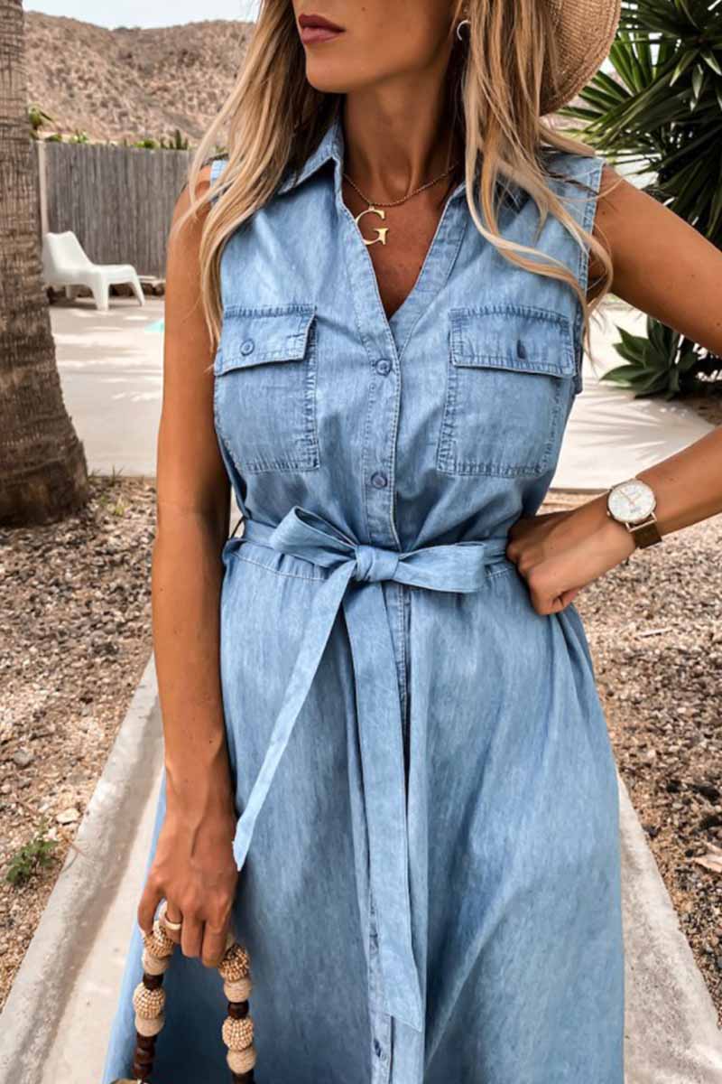 qgtao Sleeveless Lace-Up Single-Breasted Denim Midi Dress