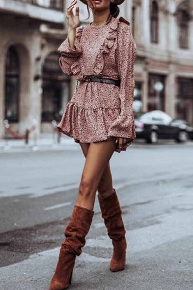 qgtao Ruffle Print Long Sleeves Mini Dress