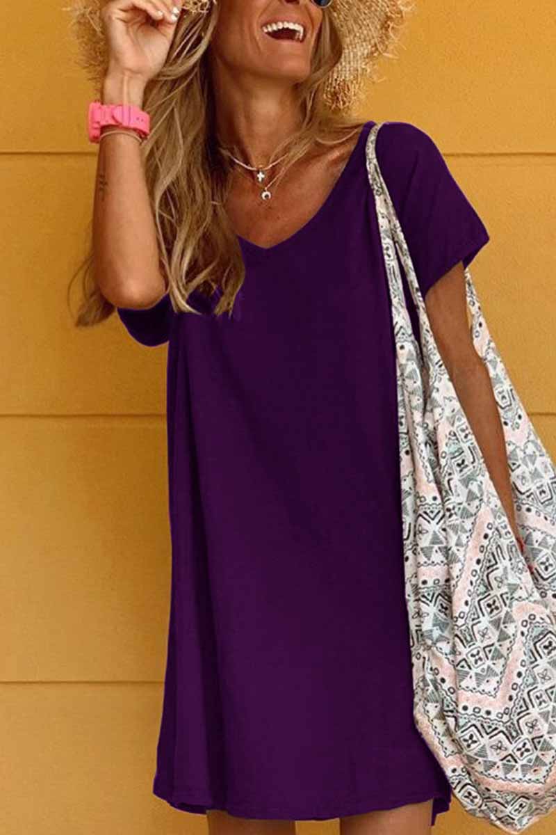 qgtao Loose Solid Color Short Sleeve V-Neck Mini Dress