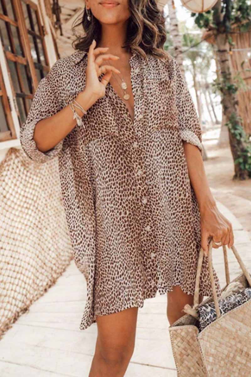 qgtao Leopard Print Long Sleeve Shirt Mini Dress