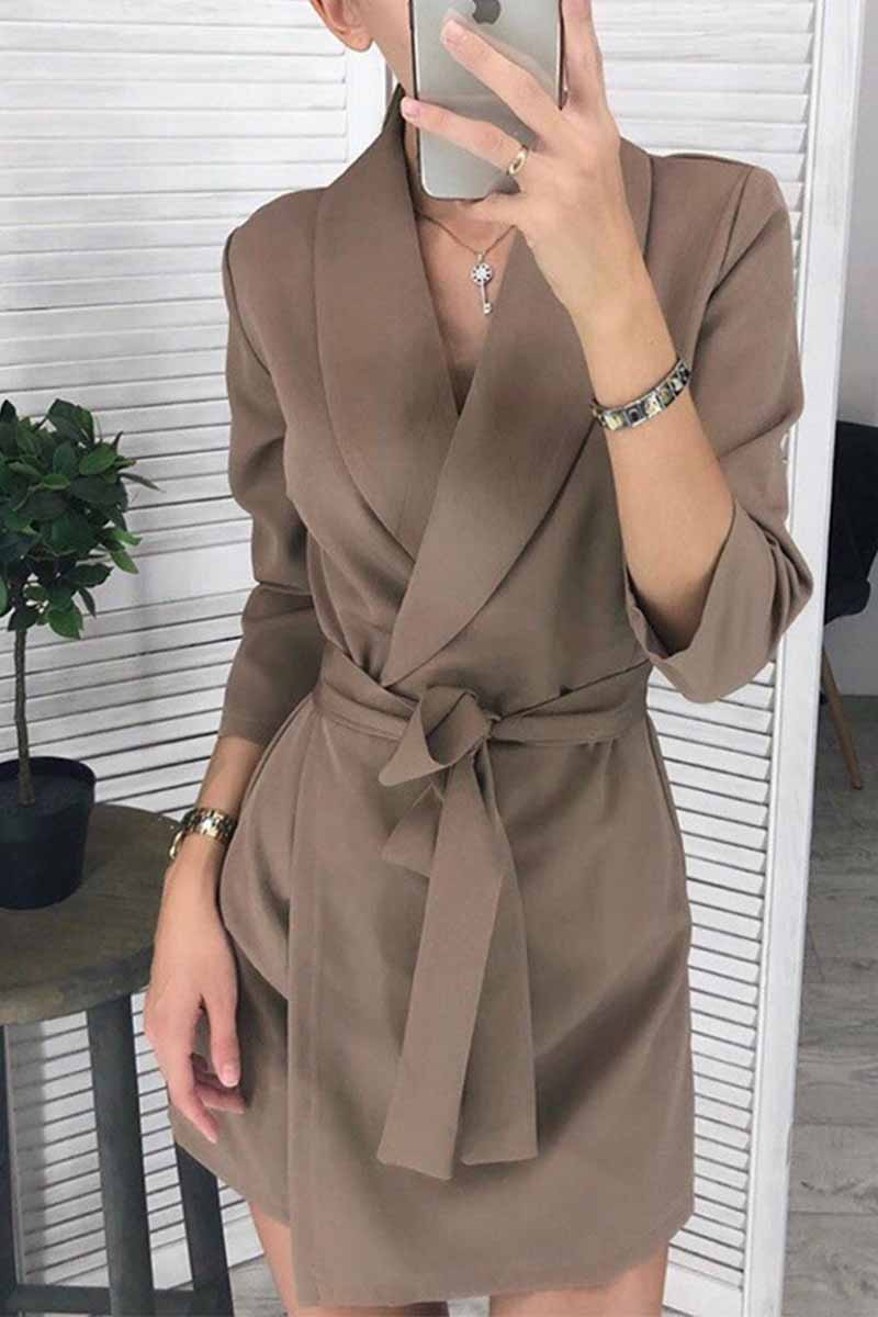 qgtao Solid Color Long Sleeve Suit Collar Mini Dresses(4 Colors)