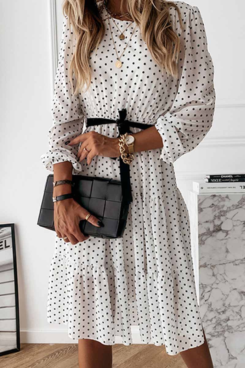 qgtao Elegant White Black Dot Print Round Neck Tie Midi Dress