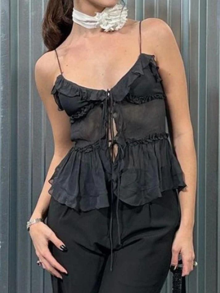 See Through Ruffled Trim Tie Up Cami Top