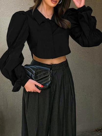 Solid Puff Sleeve Cropped Loose Long Sleeve Blouse