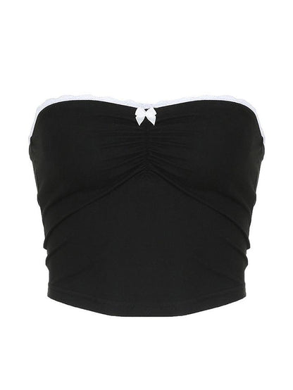 Ruffled Bow Lace Patchwork Solid Colour Tube Top