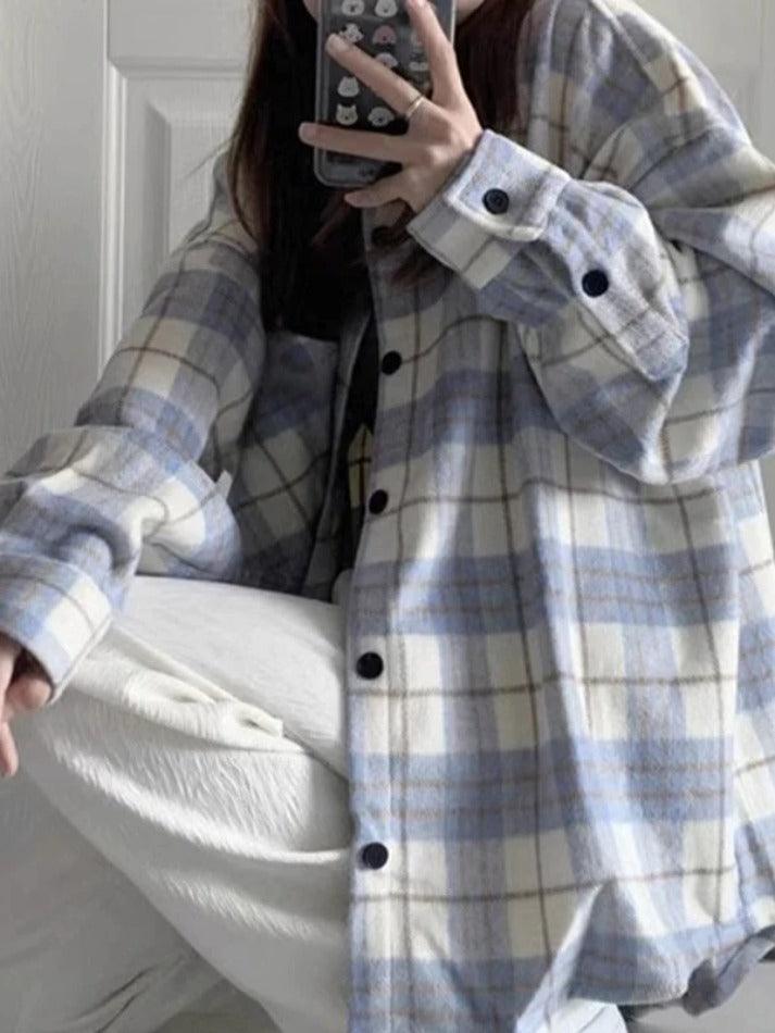 Vintage Plaid Print Brushed Long Sleeve Blouse