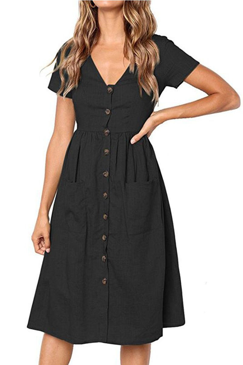 qgtao V-neck Pocket Midi Dress(4 Colors)