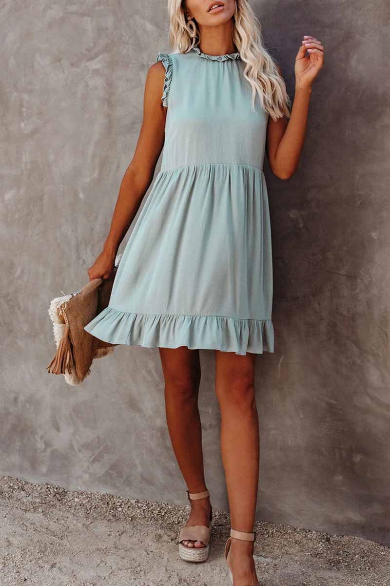 qgtao Solid Color Ruffled Waist Mini Dress