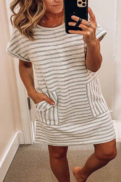 qgtao Round Neck Striped Dress With Pocket