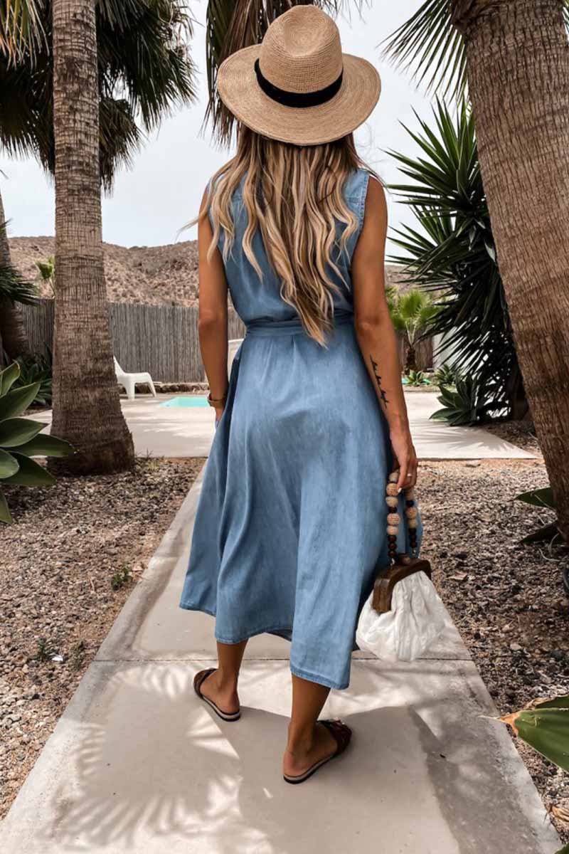 qgtao Sleeveless Lace-Up Single-Breasted Denim Midi Dress