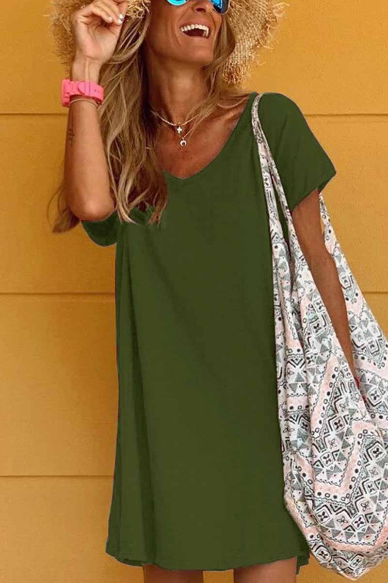 qgtao Loose Solid Color Short Sleeve V-Neck Mini Dress