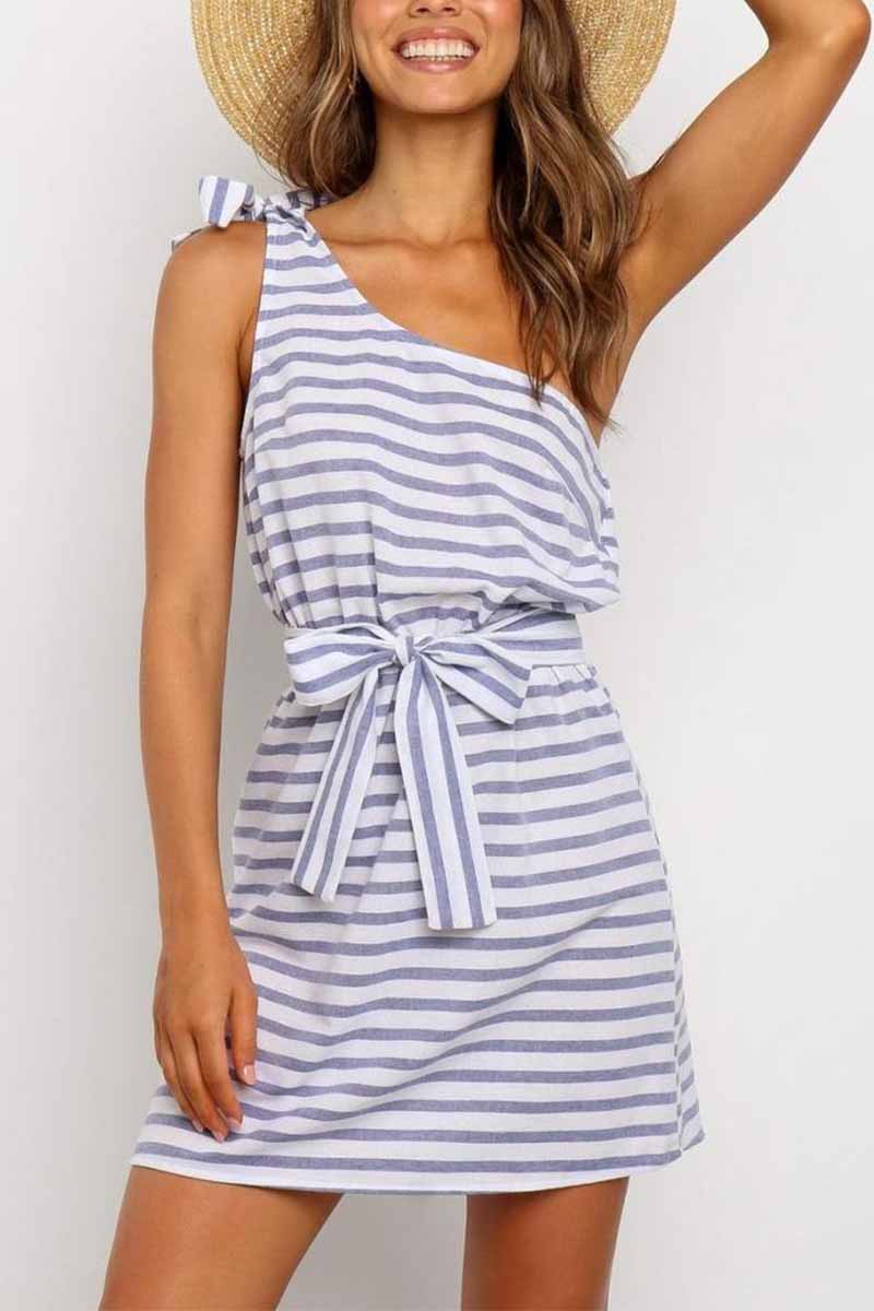 qgtao Summer Sexy One-Shoulder Lace-Up Stripes Mini Dress