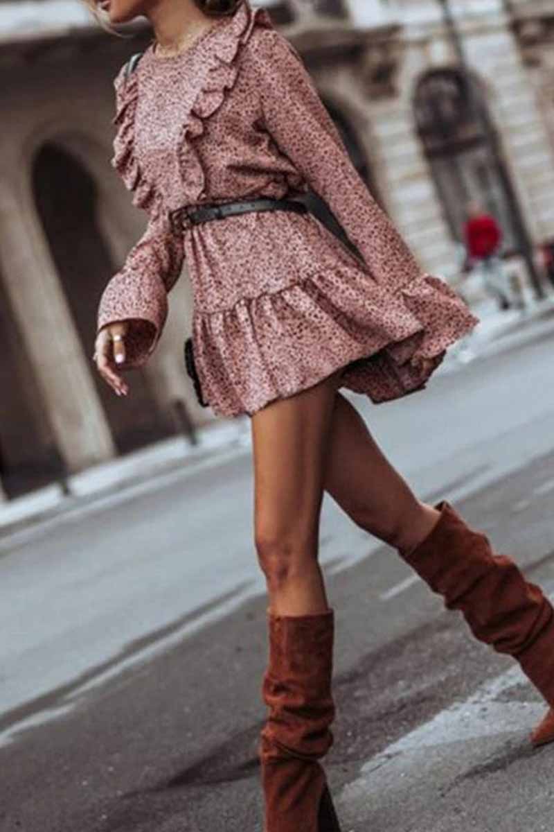 qgtao Ruffle Print Long Sleeves Mini Dress