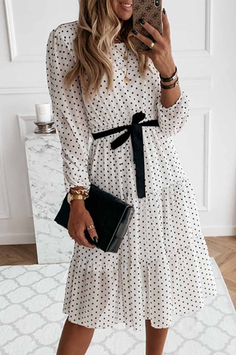 qgtao Elegant White Black Dot Print Round Neck Tie Midi Dress