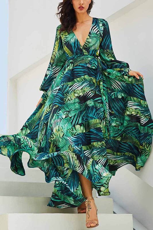 qgtao V-Neck Leaf Print Maxi Dress