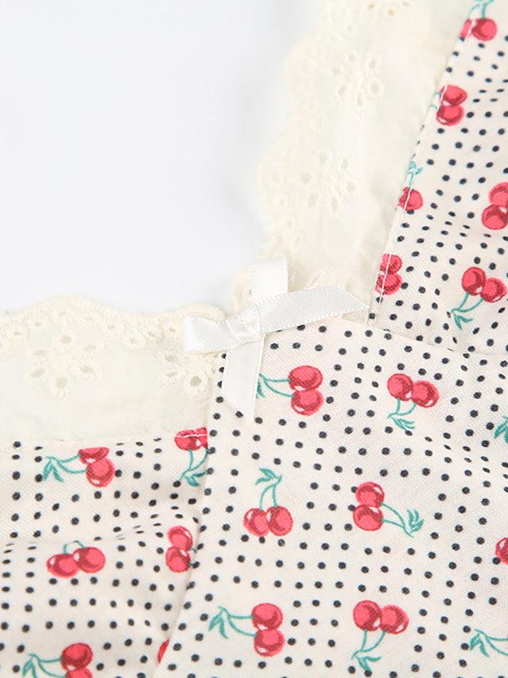 Cherry Print Bow Embellished Lace Tank Top