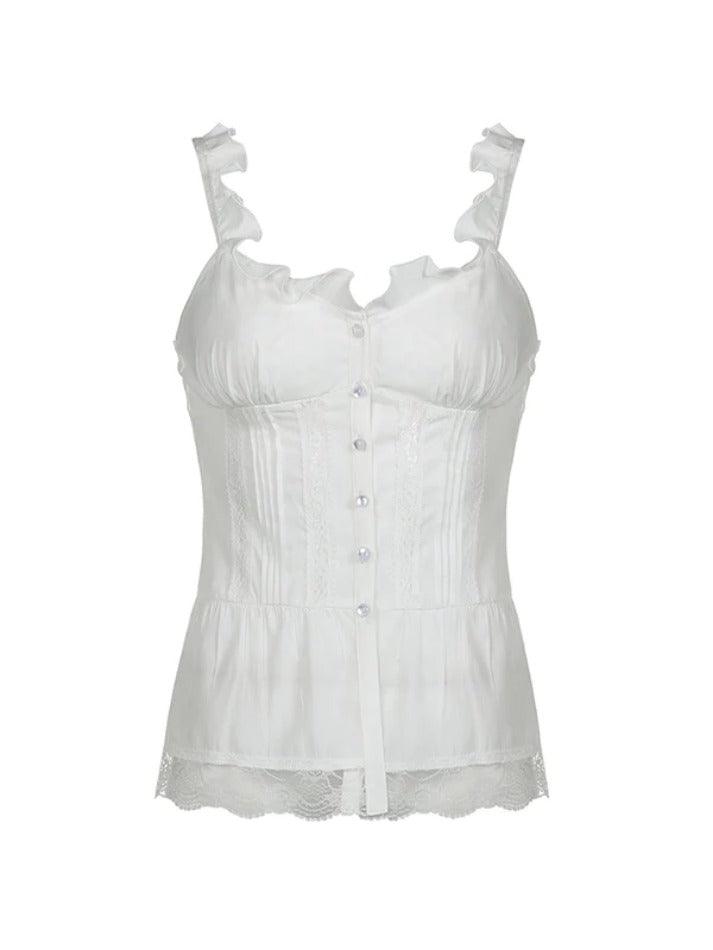 Ruffled Lace Stitching White Tank Top