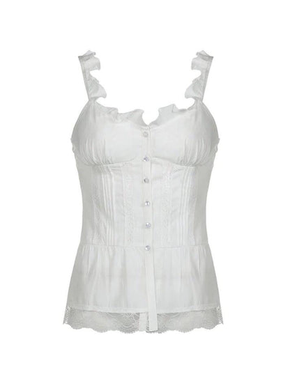 Ruffled Lace Stitching White Tank Top
