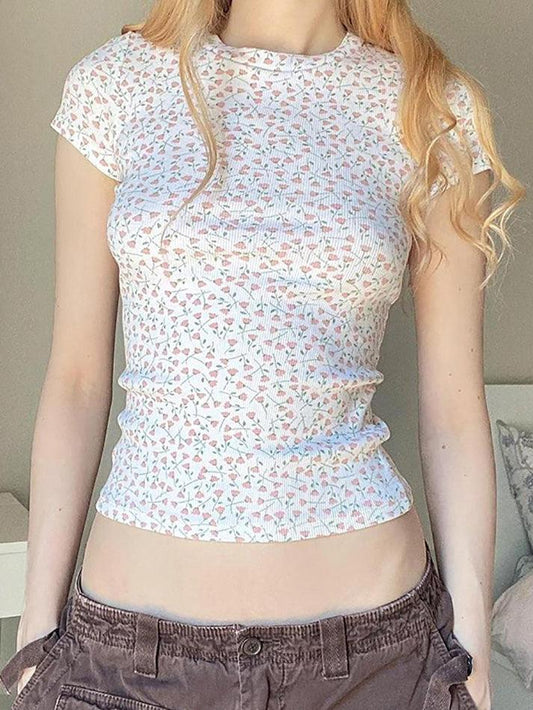 Floral Print Ribbed Slim Fit Crop Top