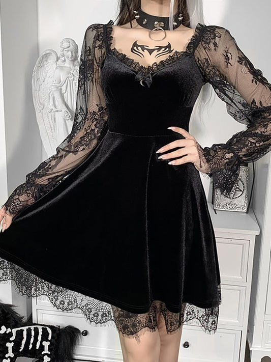 qgtao  Velour Gothic Aesthetic Vintage Dresses Women's Lace Patchwork Grunge Black Dress Long Sleeve A-line Autumn Partywear